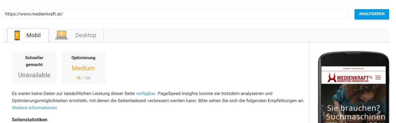 pagespeed insights-ergebnis mobile