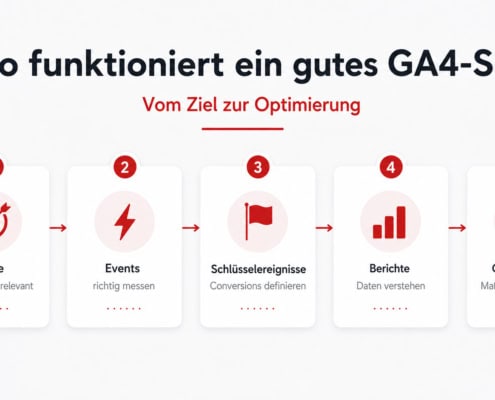ga4-setup-funktion Ablauf eines GA4-Setups von Unternehmenszielen über Events und Schlüsselereignisse bis zur Optimierung