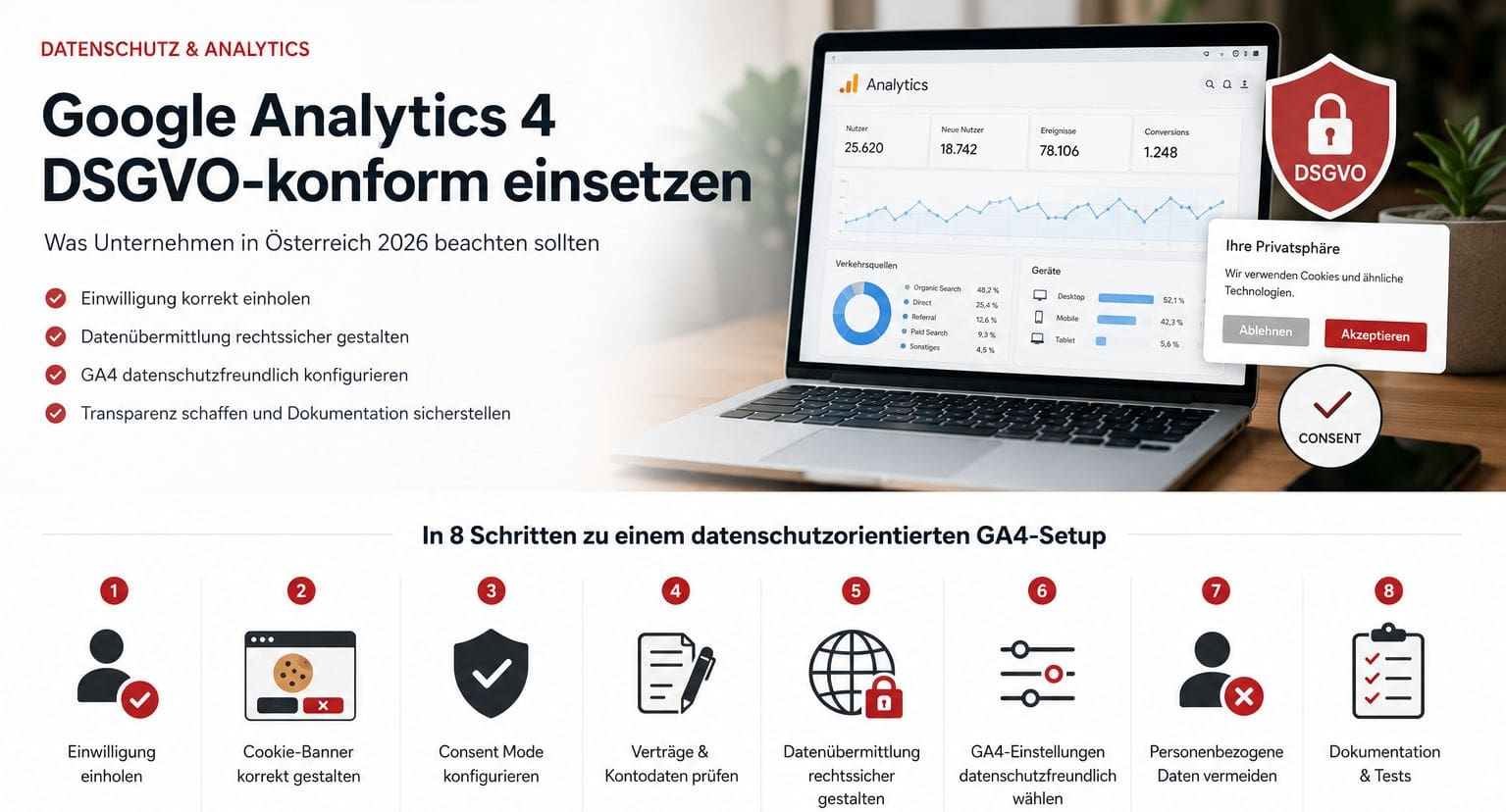 ga4_datenschutz_titelbid_medienkraft Google Analytics 4 mit Datenschutzschild als Symbol für ein datenschutzorientiertes Analytics-Setup