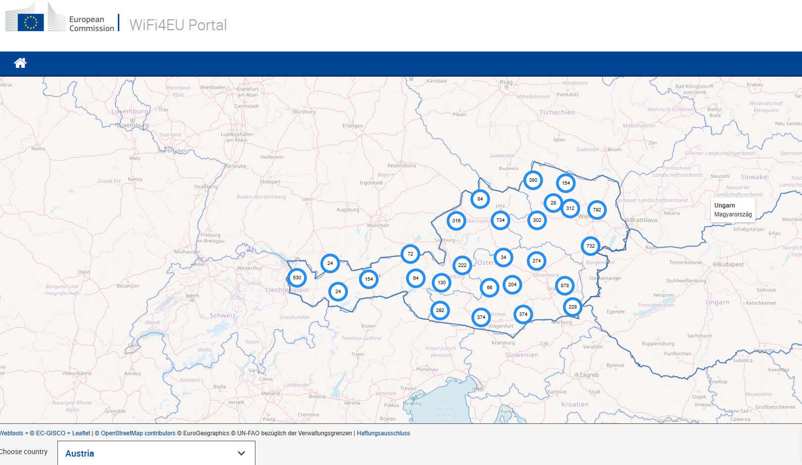 Landkarte der Hotspots in Österreich von wifi4eu Landkarte der Hotspots in Österreich von wifi4eu