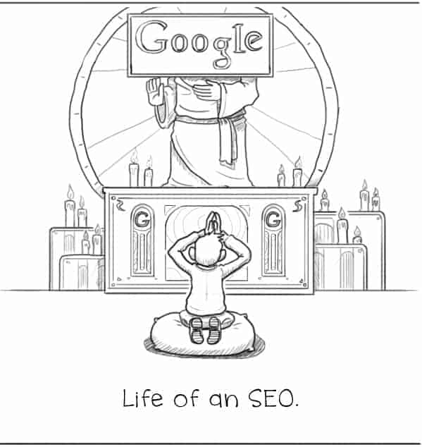 Comiczeichnung Suchmaschinenoptimierer kniet vor dem Google-Gott-Altar