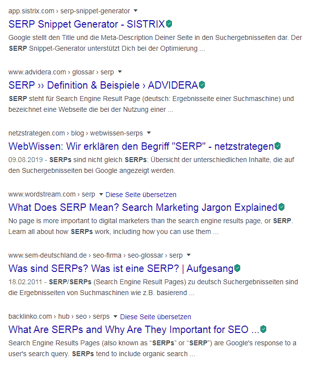Auszug Google SERP