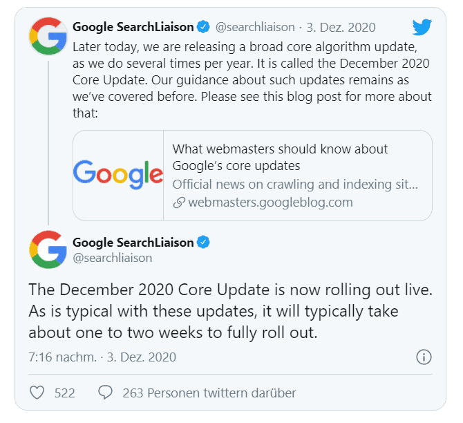 Dezember 2020 Core Update - Google Ankündigung auf Twitter