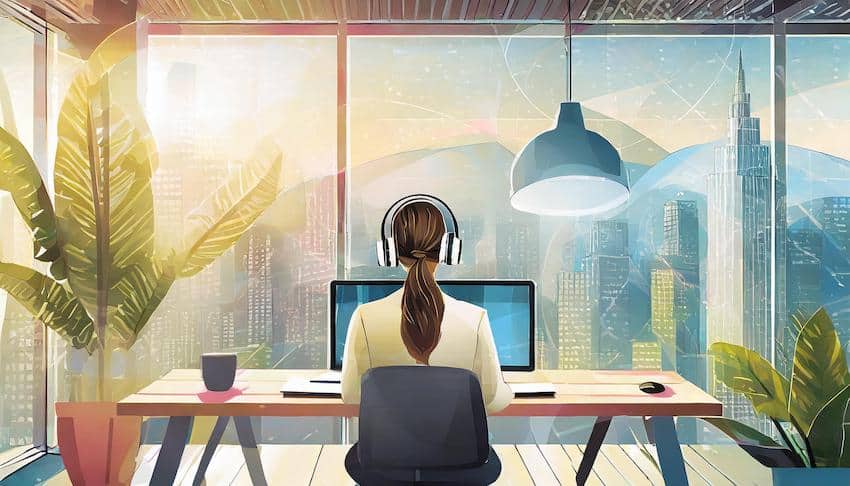 Female Blogger, her back is facing the camera. She sits in front of an office desk with a view over the city; drawn