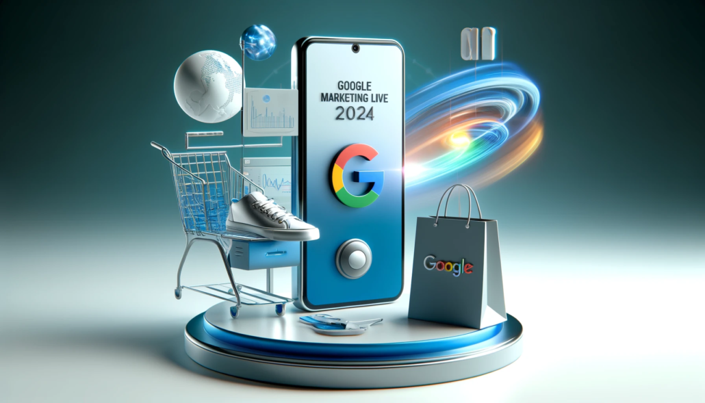 Modernes, stilvolles Bild, das das Google Marketing Live Event 2024 darstellt, mit einem Smartphone, das Google Ads zeigt, KI-Grafiken, virtuellen Anproben und einer Einkaufstasche mit einem 3D-drehenden Produkt. Der Hintergrund ist ein blau-weißer Farbverlauf, der Innovation und Technologie symbolisiert. Der Text 'Google Marketing Live 2024' ist prominent oben im Bild platziert.