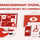 Titelbild mit dem Text "Branchenmonat Spezial: Barrierefreiheit im E-Commerce". Darunter sind zwei Grafiken mit unterschiedlichen Bildschirmen und symbolen der Barrierefreiheit (durchgestrichenes Auge, Rollstuhl, durchgestrichener Lautsprecher)