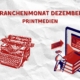 Titelbild Branchenmonat. Text: Branchenmonat Dezember: Printmedien. Abgebildet sind zwei Grafiken; eine Schreibmaschine, eine morph-Grafik aus Büchern und Smartphone