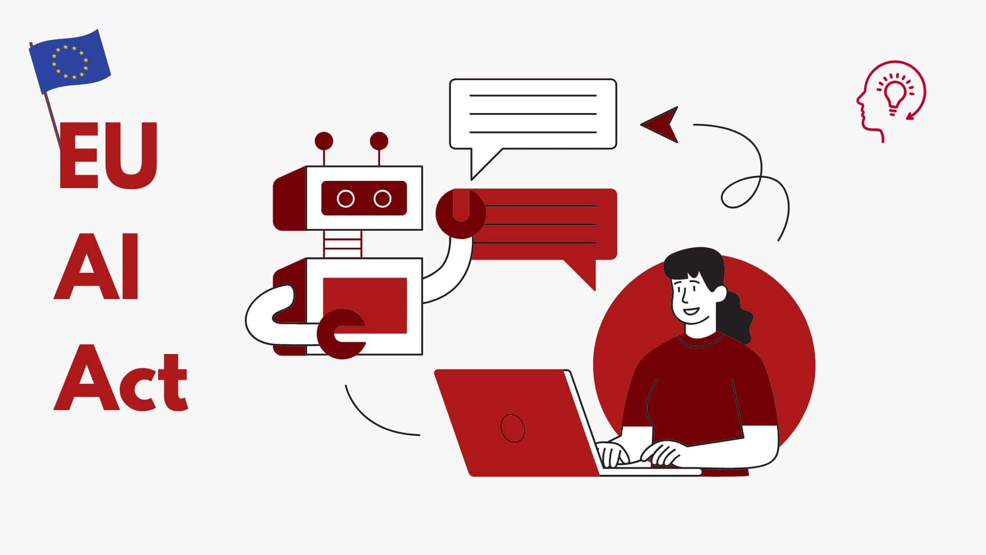 Illustration des EU AI Act mit einer Person, die an einem Laptop arbeitet und mit einem Roboter interagiert, der eine Nachricht sendet. Die EU-Flagge und der Text 'EU AI Act' sind prominent dargestellt.