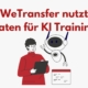Eine Grafik, in der eine Person mit einem schwebenden Roboter sich scheinbar unterhält und ein Klemmbrett in der Hand hat. Darüber der Text "WeTransfer nutzt Daten für K.I. Training"