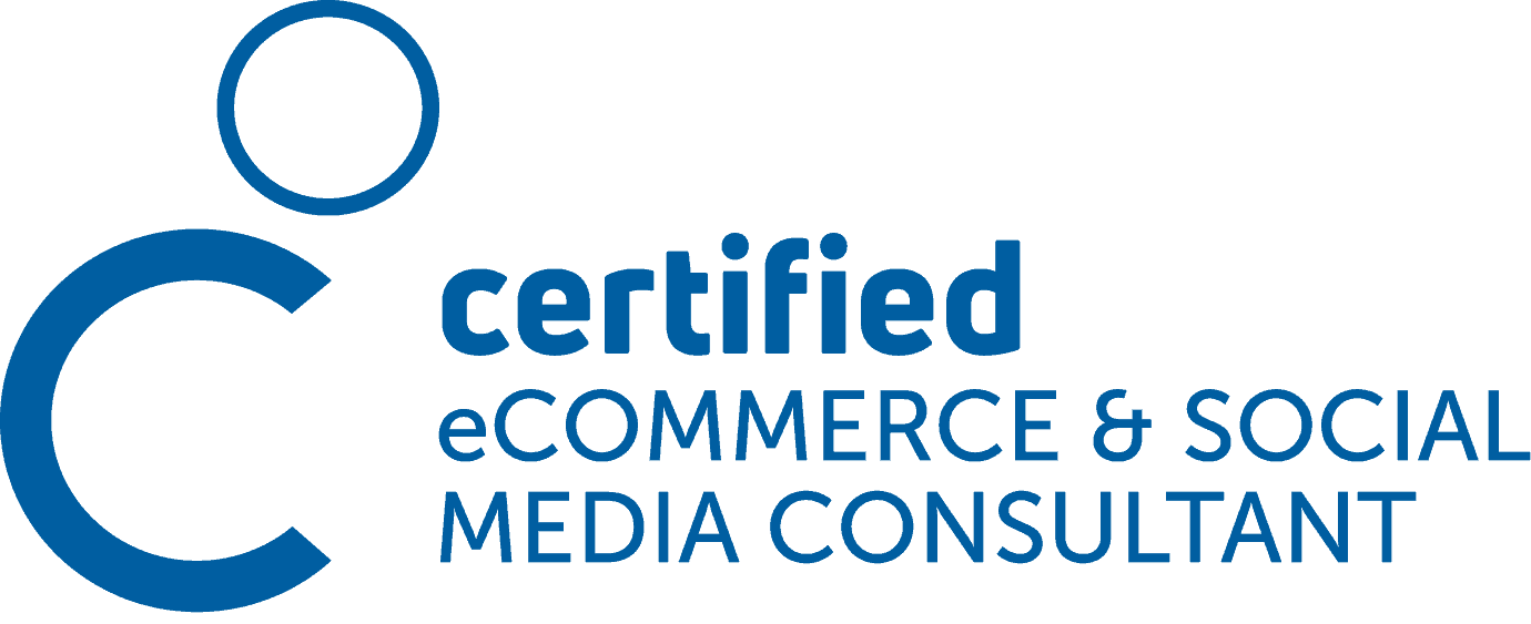 incert_ecommerce Blauer Text: "Certified eCommerce & Social Media Consultant"