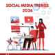 Text "Social media Trends 2026" auf weißem Hintergrund. Darunter eine Grafik einer Person vorm PC mit schwebenden Fenstern unterschiedlicher Social Media Plattformen und einer Person mit Smartphone in der Hand