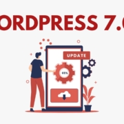 Text "Wordpress 7.0" Grafik: Mann vor Handy mit Update Info