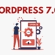 Text "Wordpress 7.0" Grafik: Mann vor Handy mit Update Info