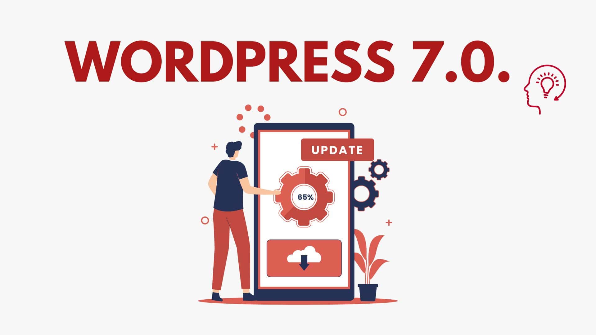 meta-wordpressupdate Text "Wordpress 7.0" Grafik: Mann vor Handy mit Update Info