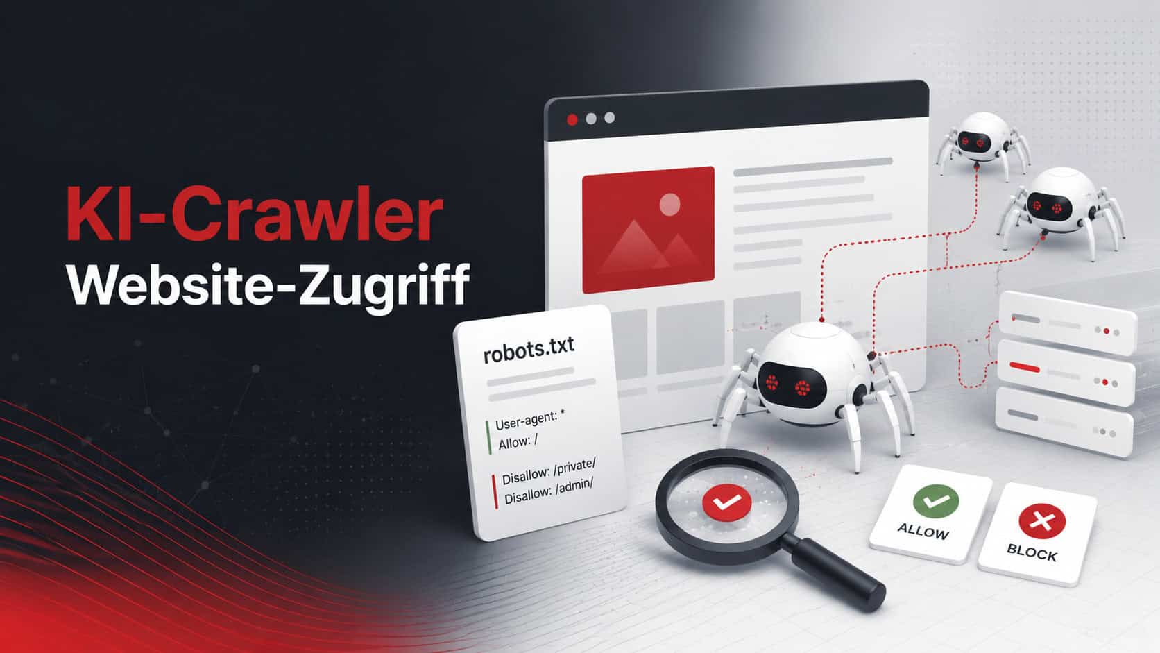 KI-Crawler und Website-Zugriff steuern KI-Crawler greifen auf eine Unternehmenswebsite zu und werden über die robots.txt erlaubt oder blockiert